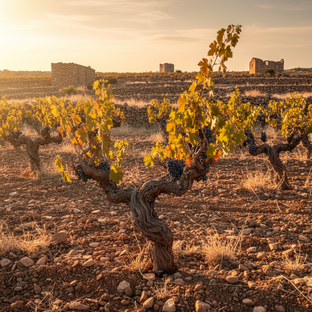 Vinhedo sírio antigo e resiliente, com videiras robustas e paisagem árida ao fundo, simbolizando a perseverança na produção de vinho.