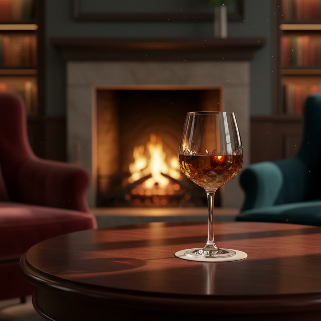 Taça de vinho de sobremesa com líquido dourado em mesa de madeira escura, com fundo desfocado de lareira e sala aconchegante.