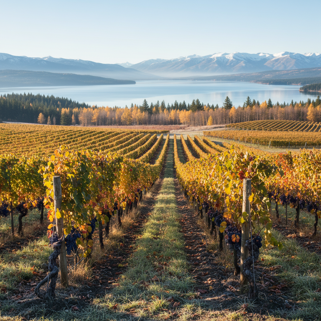 Vinhedo verde exuberante sob um céu nórdico límpido, com fileiras de videiras se estendendo ao longe, sugerindo a viticultura em clima frio na Suécia.