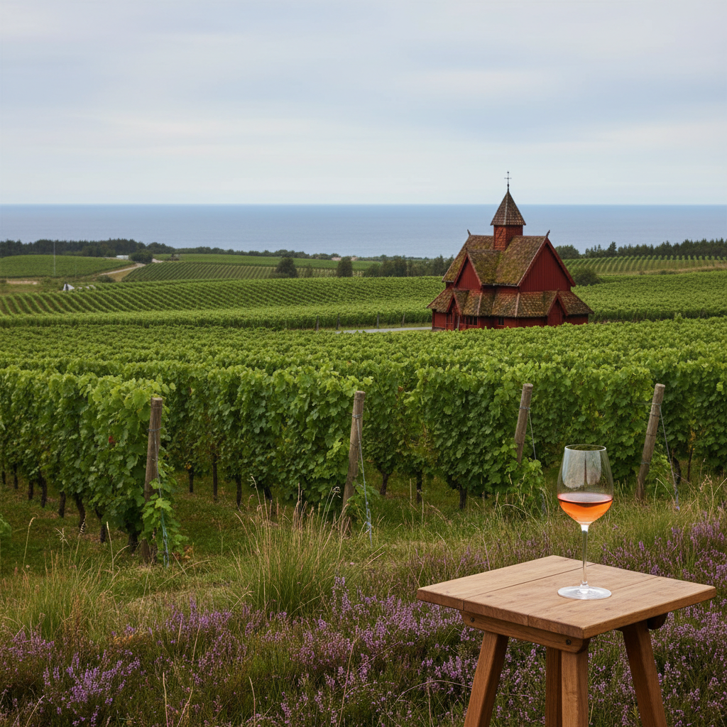 Vinhedo sueco contemporâneo em uma paisagem nórdica, com parreiras verdes exuberantes e um copo de vinho elegante em primeiro plano, simbolizando a crescente produção vinícola da Suécia.