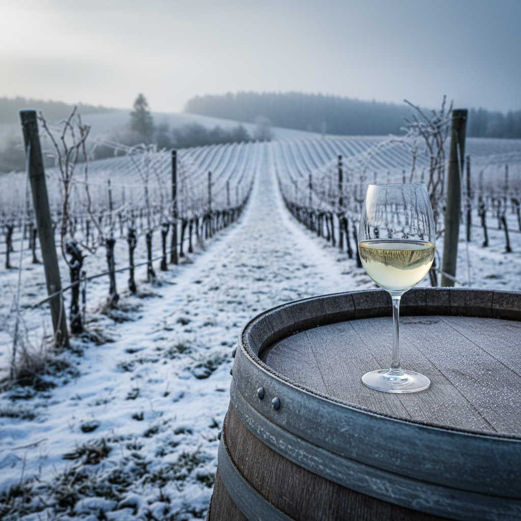 Vinhedo sueco em clima frio com um copo de vinho branco sobre um barril de madeira, refletindo a paisagem nórdica.