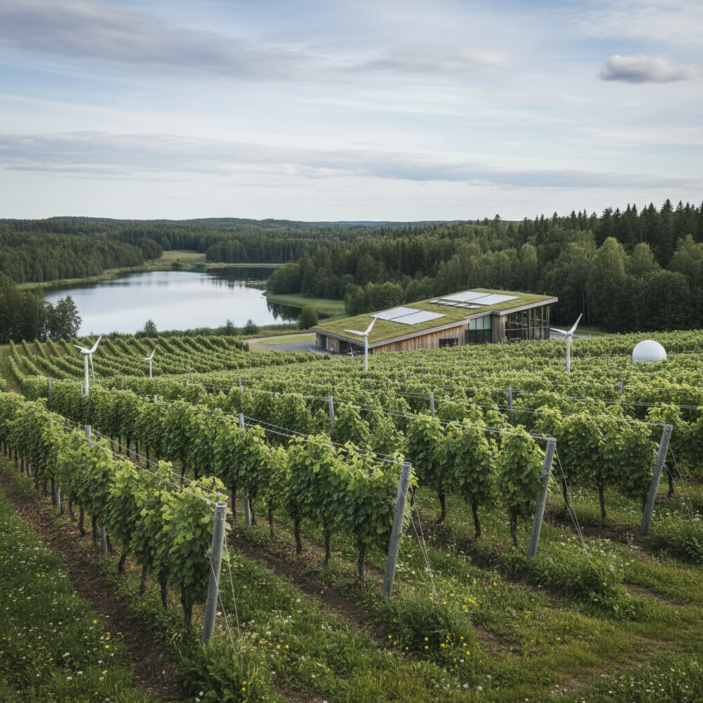 Vinhedo moderno e sustentável na Suécia, com fileiras de videiras saudáveis sob um céu nórdico, simbolizando inovação na viticultura.