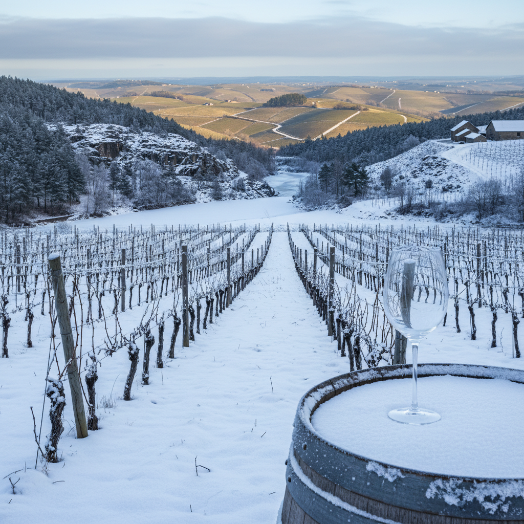 Vinhedo nórdico sob o clima frio, possivelmente com neve, contrastando com a paisagem de um vinhedo europeu central, com uma taça de vinho em destaque.