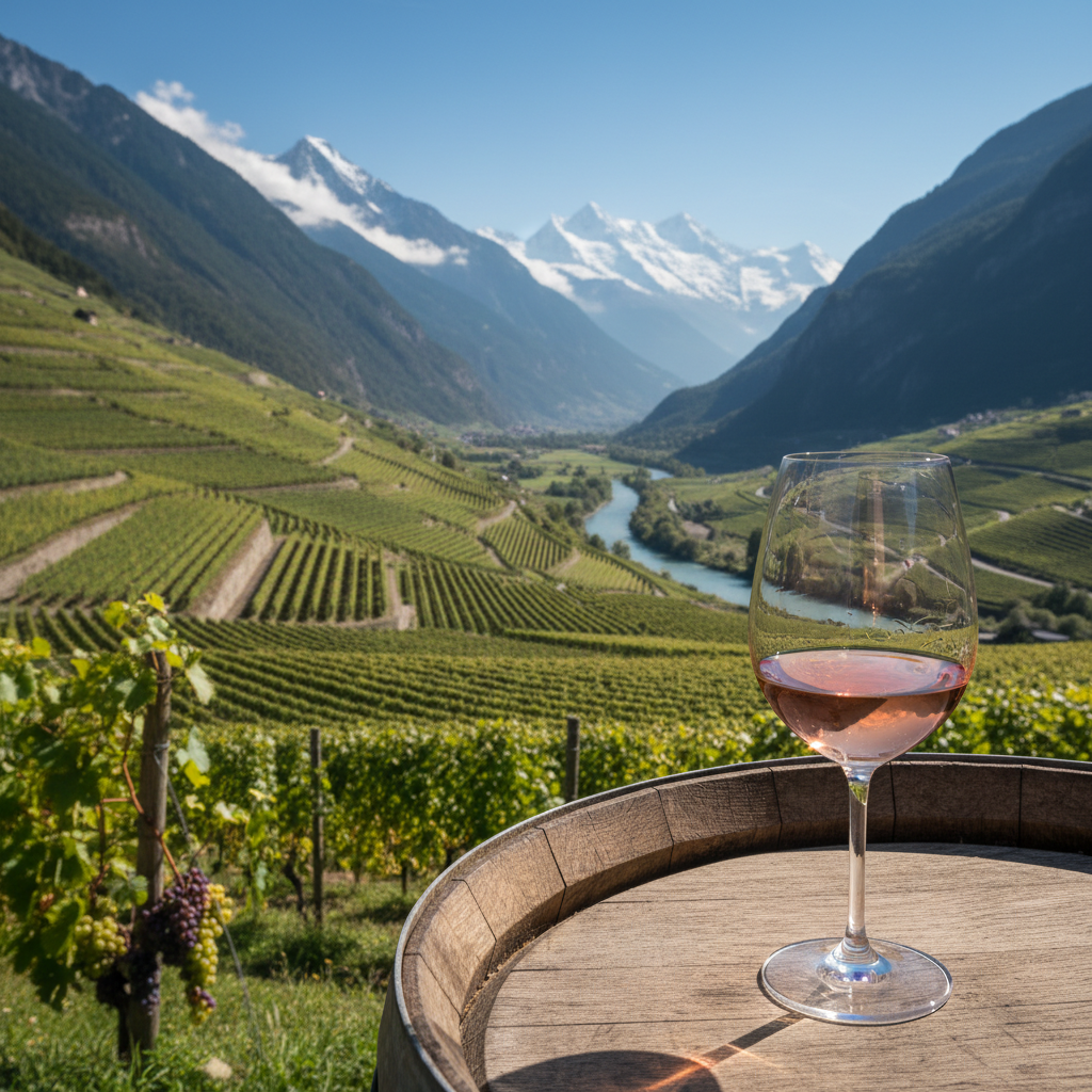 Vinhedos suíços em socalcos com montanhas alpinas ao fundo e uma taça de vinho elegante sobre um barril de madeira rústico.