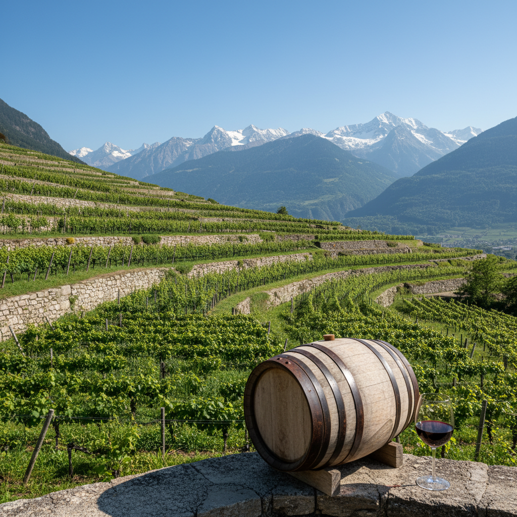 Vinhedo sustentável em socalcos nos Alpes Suíços, com montanhas nevadas ao fundo e um barril de vinho rústico sobre um muro de pedra.
