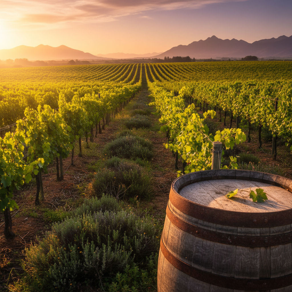 Vinhedo sustentável na África do Sul com videiras saudáveis e vegetação nativa, destacando práticas ecológicas e um barril de vinho.