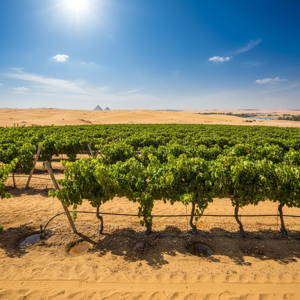 Vinhedo exuberante com irrigação por gotejamento prosperando em meio ao deserto egípcio, simbolizando a viticultura sustentável.