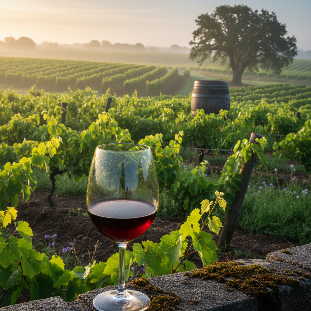Vinhedo orgânico exuberante ao nascer do sol com uma taça de vinho tinto em primeiro plano e um barril de madeira ao fundo, simbolizando a produção sustentável de vinho nos EUA.