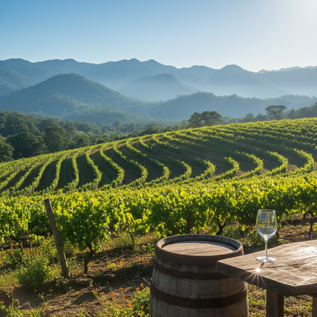 Vista panorâmica de um vinhedo sustentável na Guatemala, com fileiras de videiras verdes e exuberantes sob um céu azul, em meio a uma paisagem montanhosa tropical. Um barril de vinho rústico está em destaque, simbolizando a produção ecológica.