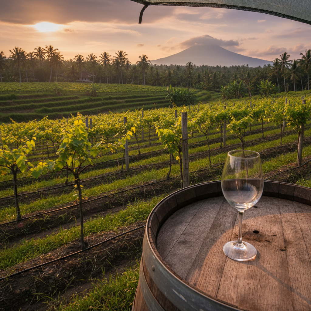 Vinhedo tropical sustentável na Indonésia, com videiras verdes e um sistema de irrigação discreto. Um copo de vinho sobre um barril de madeira rústico no primeiro plano, sob luz natural.