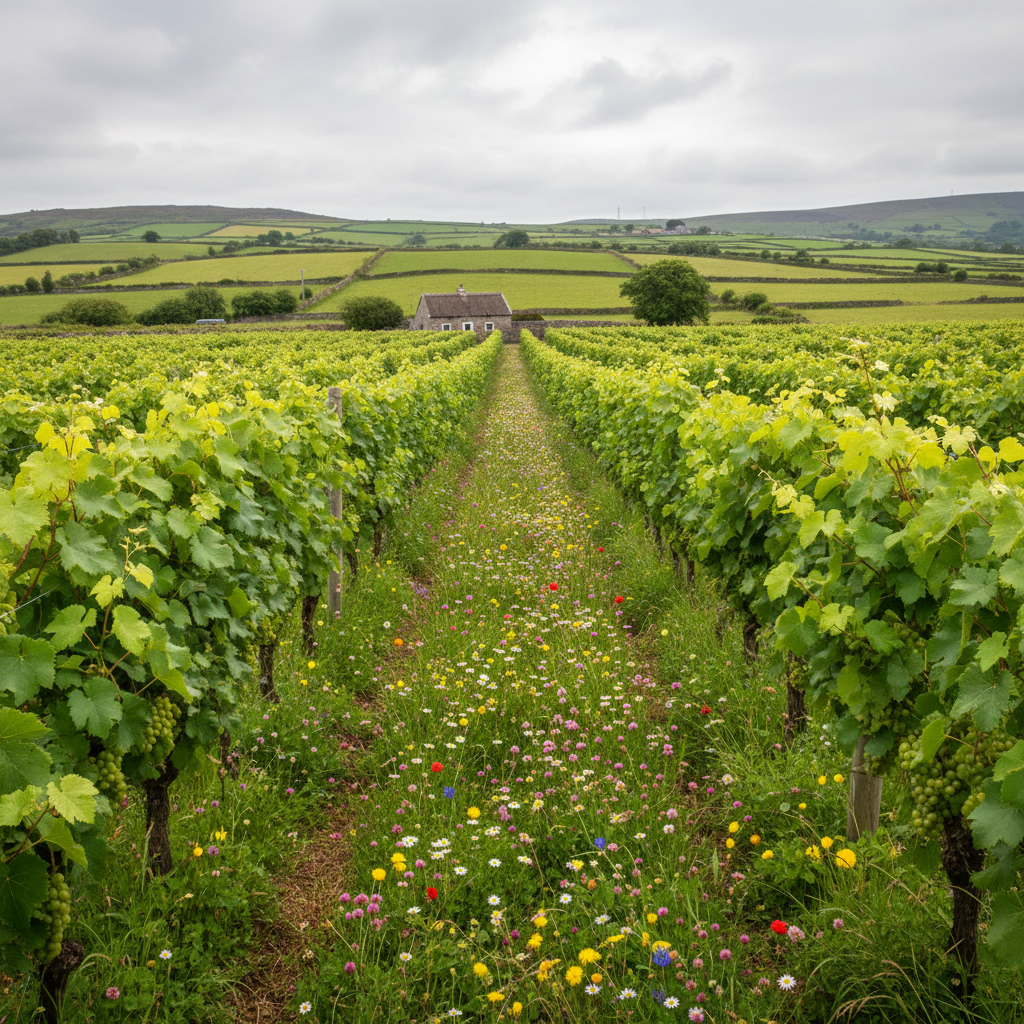 Vinhedo sustentável na Irlanda com vinhas verdes e flores silvestres, sob um céu nublado, com colinas e muros de pedra tradicionais ao fundo.
