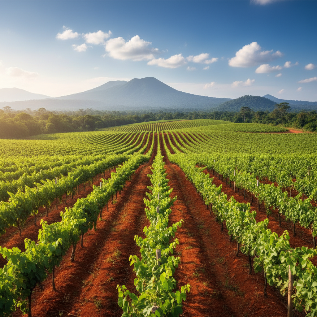 Vinhedo sustentável em Madagascar com videiras verdes em solo avermelhado, simbolizando a viticultura ética na Ilha Vermelha.