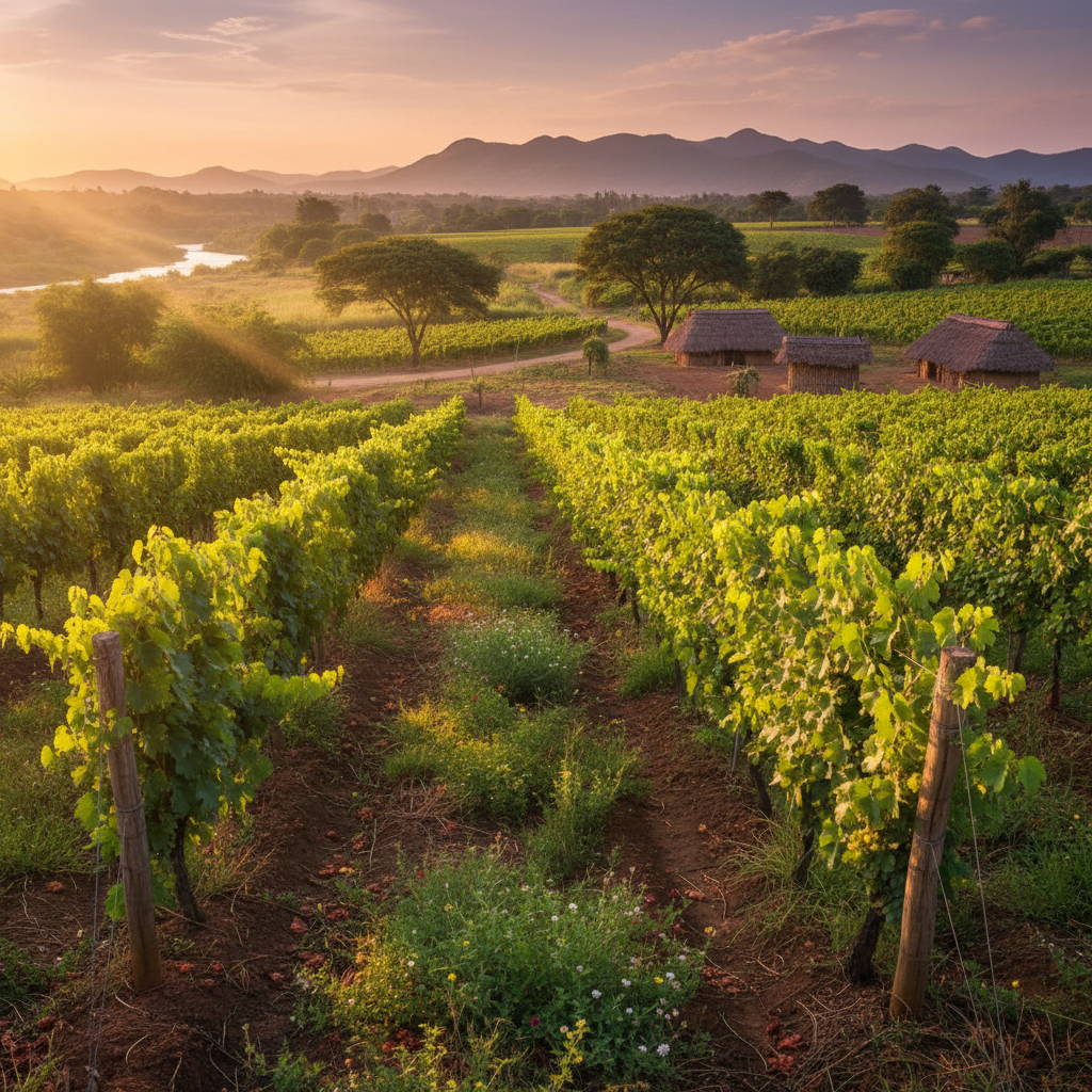 Vinhedo sustentável em Moçambique ao pôr do sol, com videiras exuberantes e solo fértil, simbolizando a viticultura ecológica.