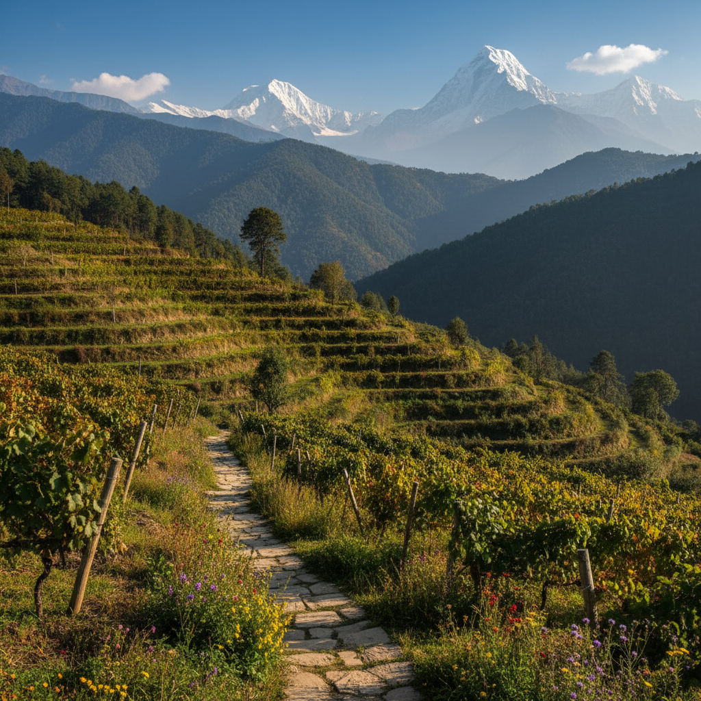 Vinhedo sustentável em socalcos nos Himalaias do Nepal, com montanhas majestosas ao fundo, simbolizando a produção ecológica de vinho na região.