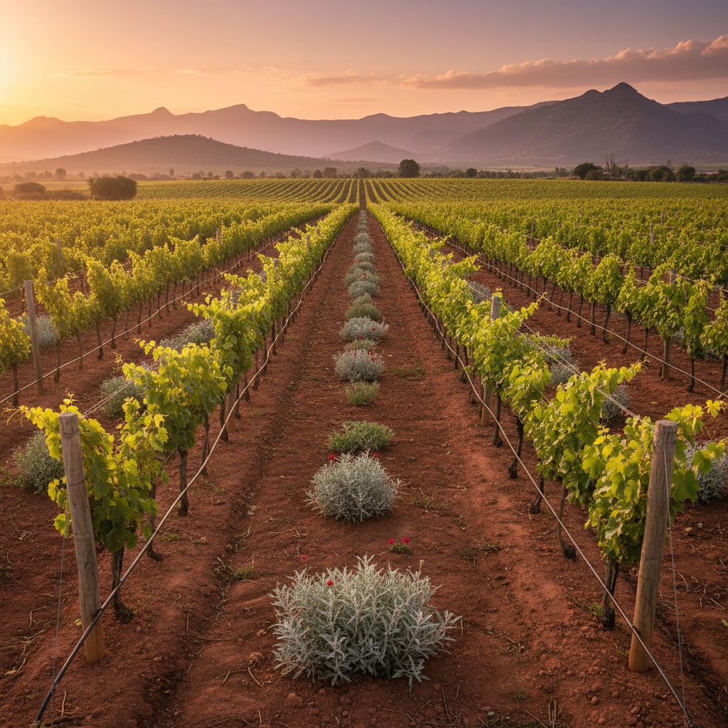 Vinhedo sustentável no Quênia ao pôr do sol, com fileiras de videiras verdes e sistemas de irrigação eficientes, em um cenário de colinas e montanhas africanas.