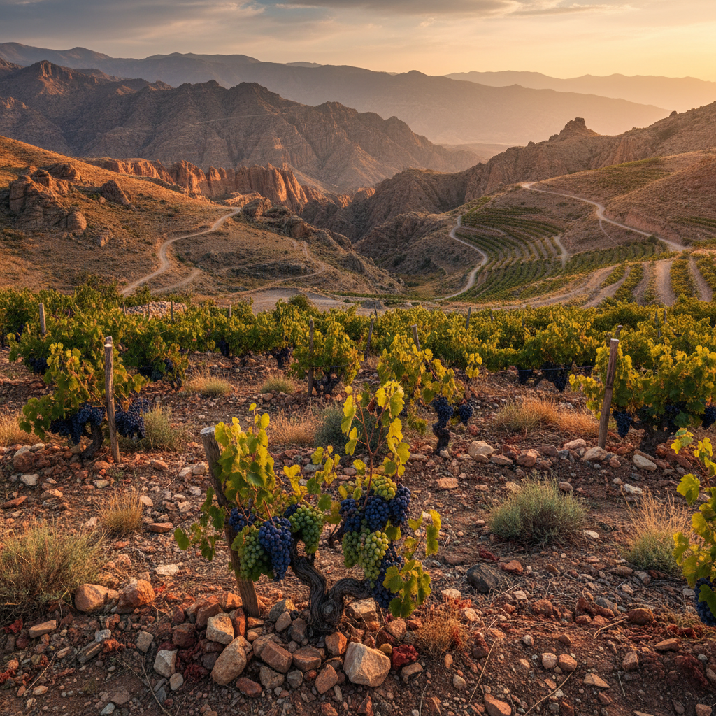 Vinhedo tadjique em paisagem montanhosa, com vestígios da Rota da Seda, sob luz dourada.