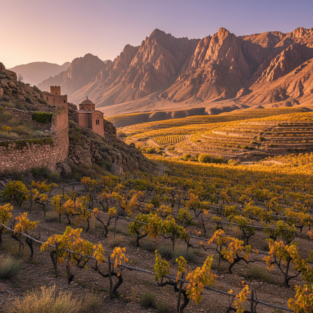 Vinhedo antigo nas montanhas do Tadjiquistão ao pôr do sol, com arquitetura tradicional ao fundo, simbolizando a rica história vitivinícola da região.