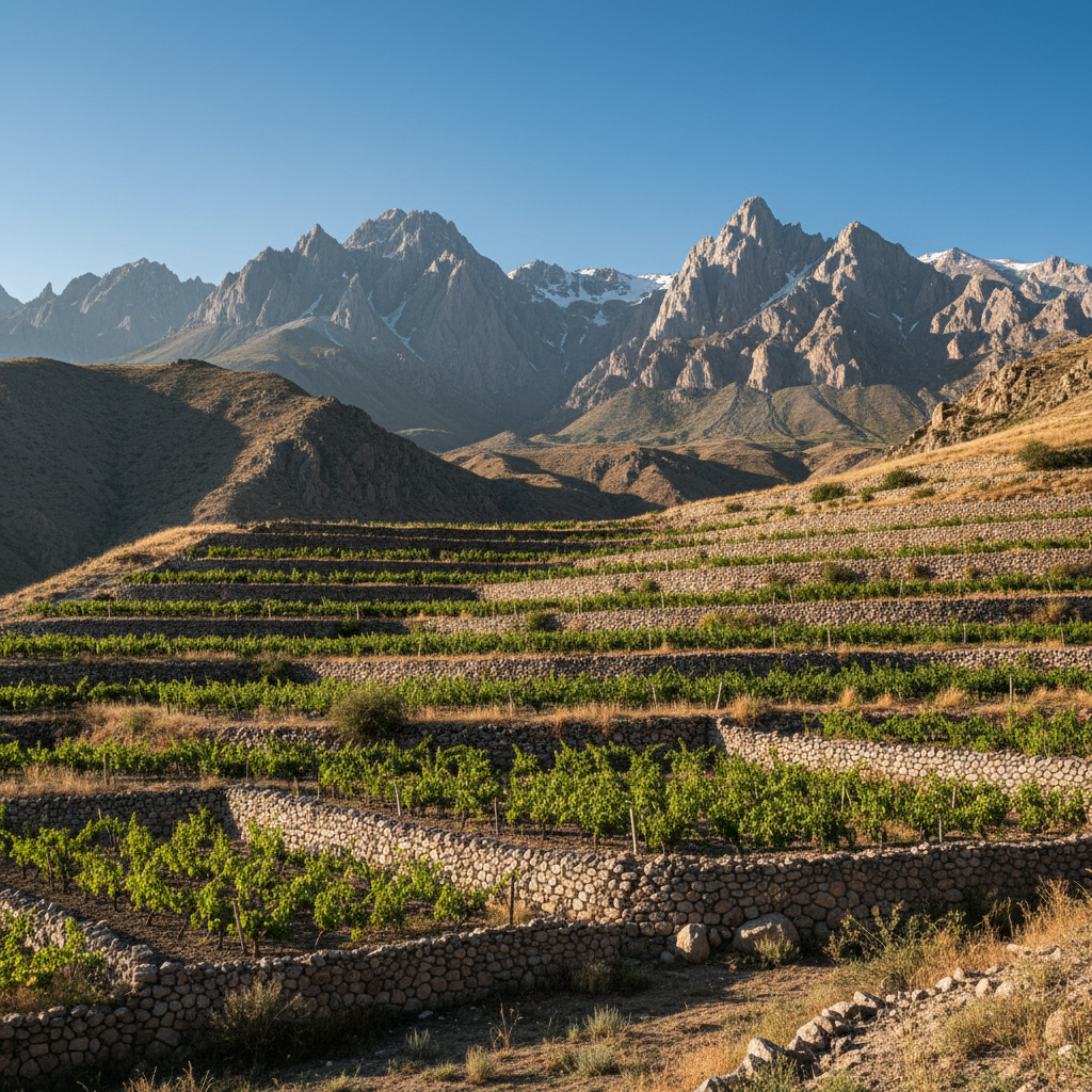 Vinhedo tradicional no Tadjiquistão com terraços de pedra e montanhas Pamir ao fundo, ilustrando a viticultura milenar na Ásia Central.