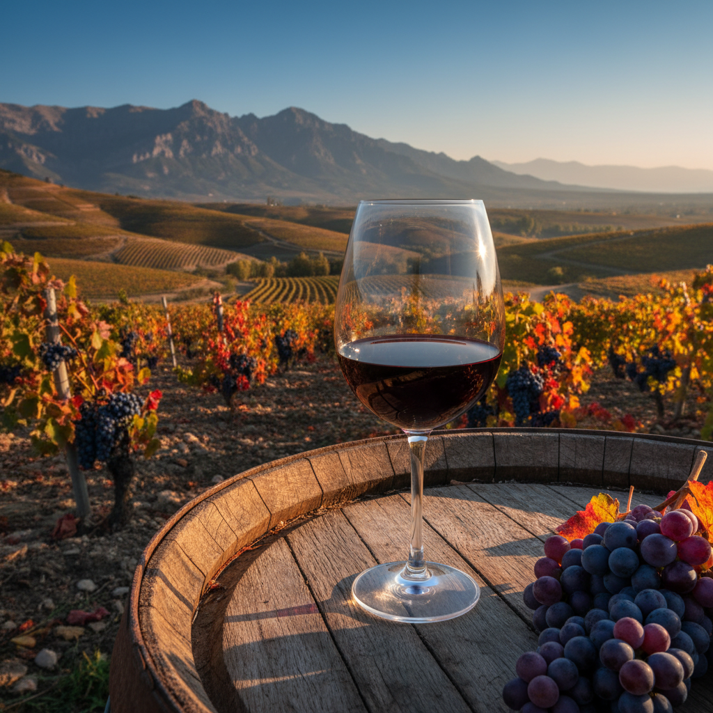 Vinhedo exuberante nas montanhas do Tadjiquistão com uma taça de vinho tinto sobre um barril, simbolizando o potencial inexplorado da região vinícola.