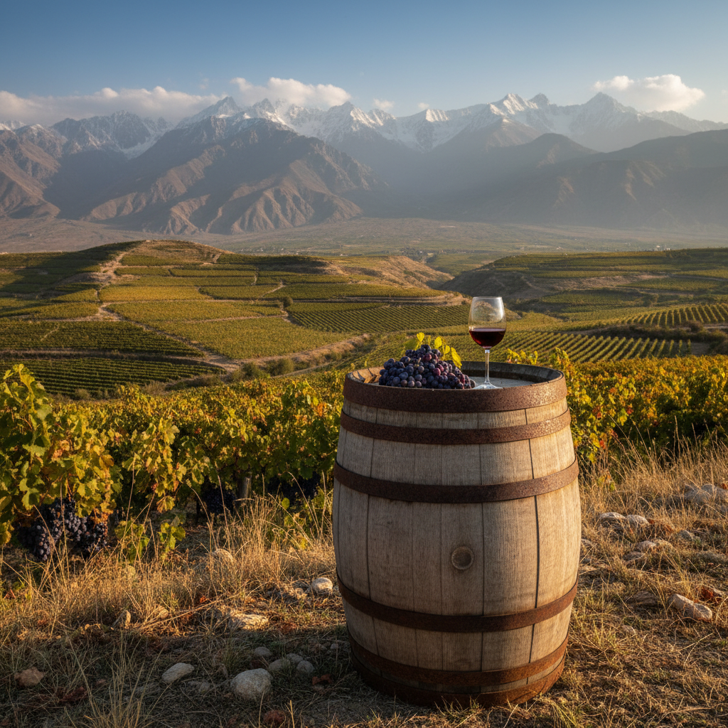 Vinhedo tradicional nas montanhas do Pamir no Tadjiquistão, com videiras em socalcos e um copo de vinho tinto em primeiro plano, simbolizando a viticultura exótica da Ásia Central.