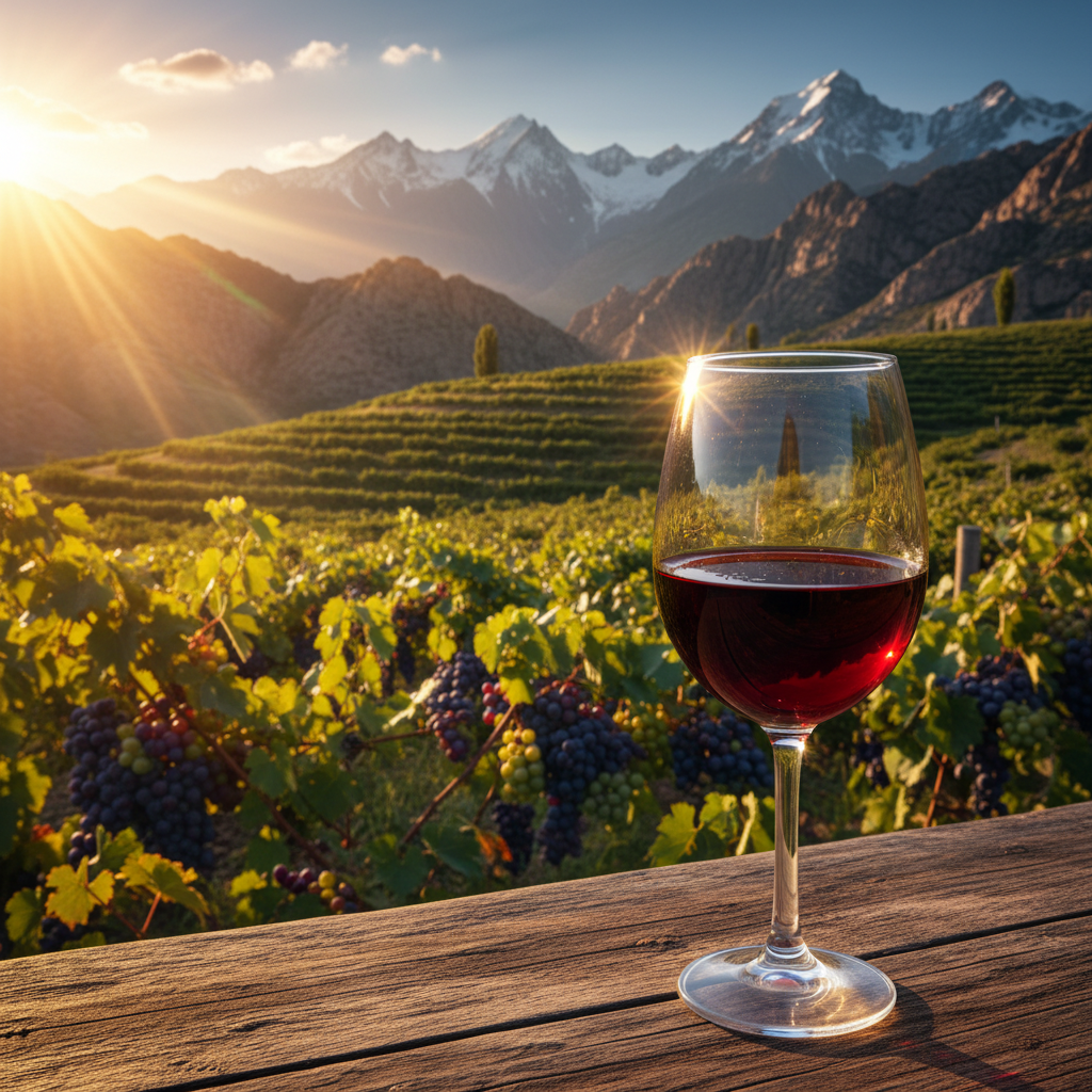 Vinhedo ensolarado nas montanhas do Tadjiquistão com uma taça de vinho tinto em primeiro plano, destacando a paisagem vinícola da Ásia Central.