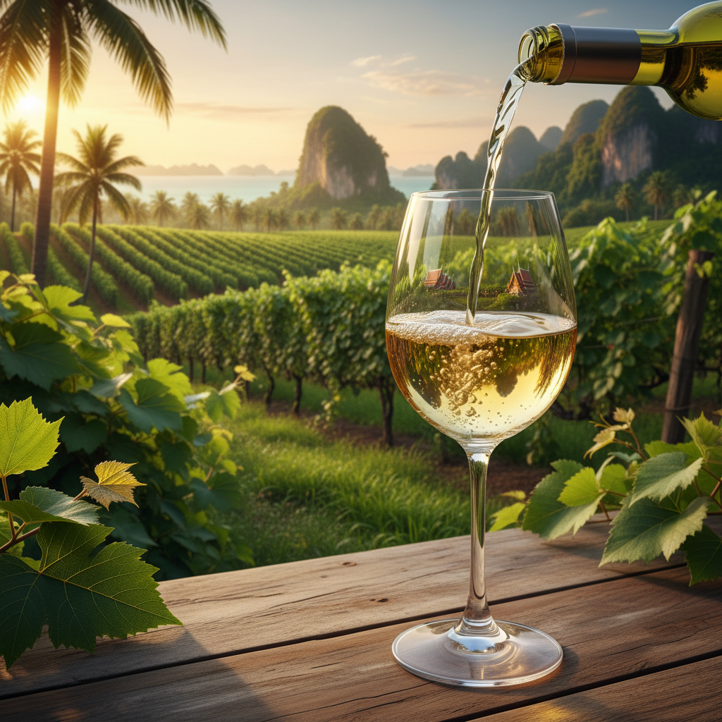Vinhedo tropical exuberante na Tailândia com uma taça de vinho, simbolizando a superação dos desafios climáticos na produção de vinhos de qualidade.