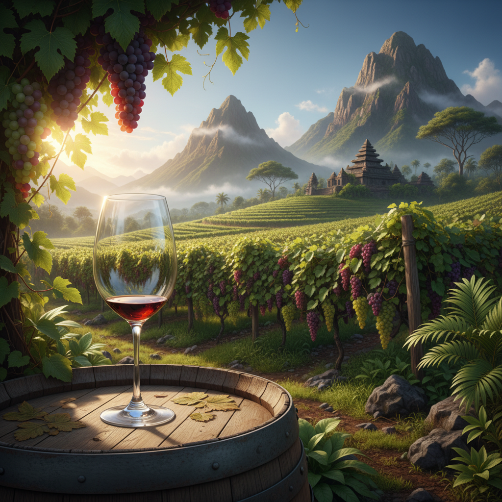 Vinhedo exuberante na Tailândia com um copo de vinho sobre um barril de madeira, simbolizando a fusão de tradição e inovação na viticultura tropical.