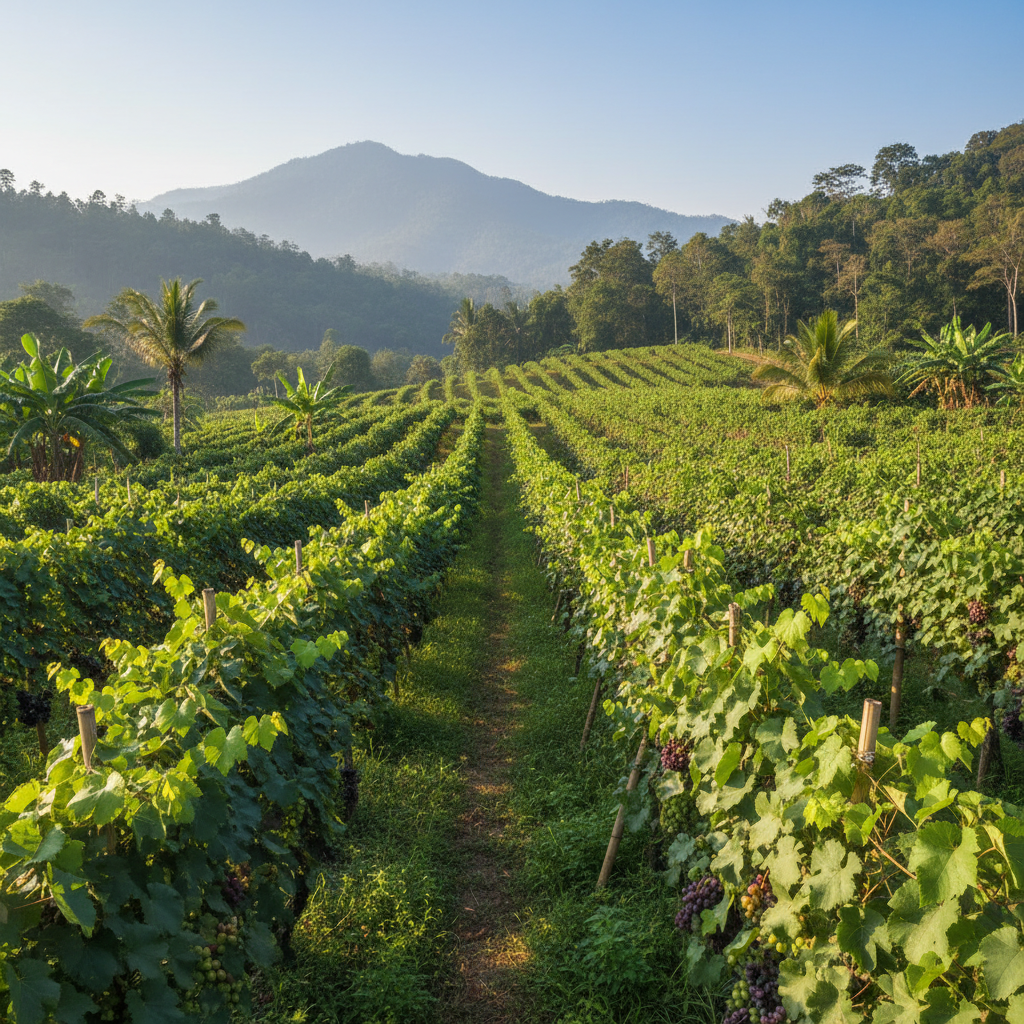 Vinhedo exuberante na Tailândia, mostrando parreiras de uvas prosperando em um clima tropical com montanhas ao fundo e céu claro.