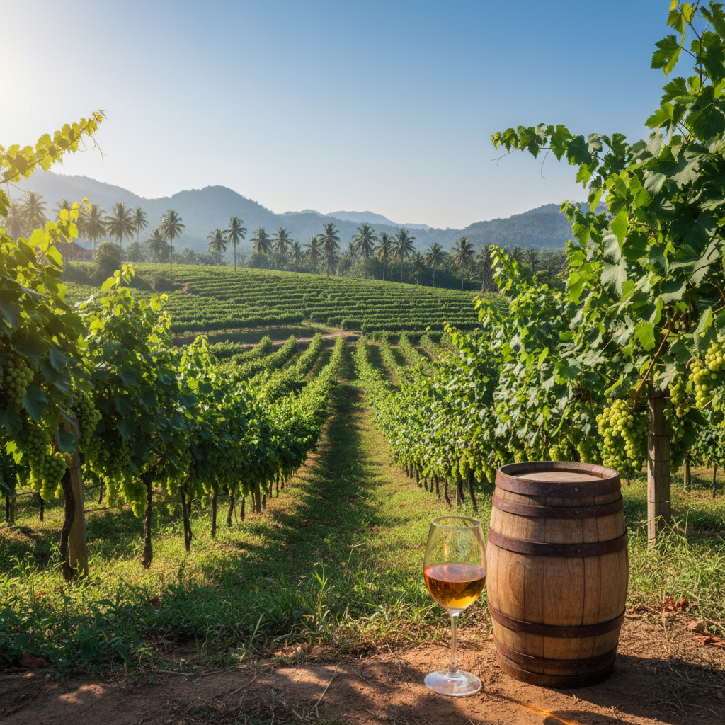 Vinhedo tropical na Tailândia com taça de vinho e barril de madeira em primeiro plano, simbolizando a produção de vinho local.