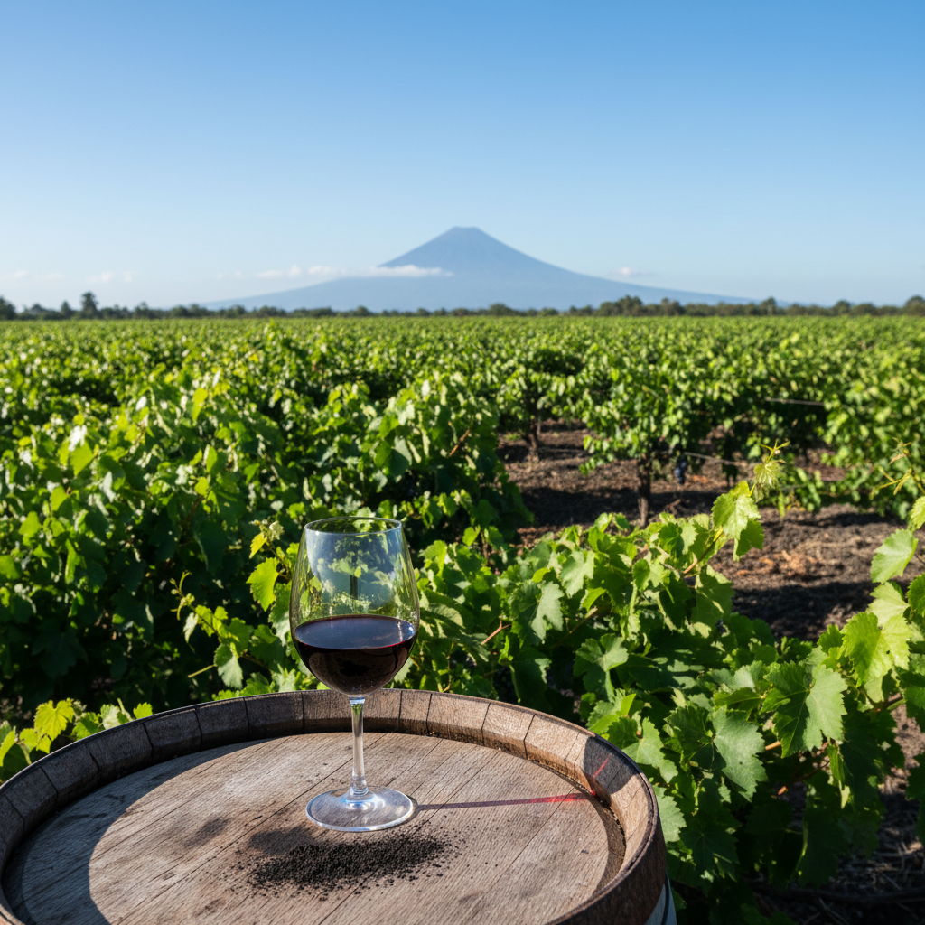 Vinhedo exuberante na Tanzânia, com videiras verdes sob um céu azul, um copo de vinho tinto sobre um barril de madeira e solo vulcânico ao fundo.