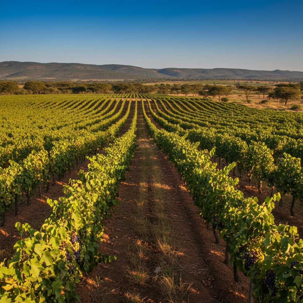 Vinhedos exuberantes na Tanzânia sob o sol africano, mostrando as fileiras de videiras e a paisagem natural da região produtora de vinho.
