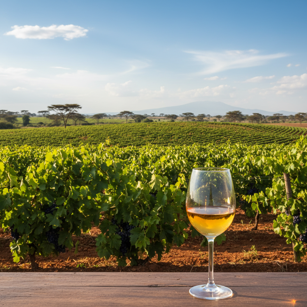 Vinhedo tanzaniano exuberante com uma taça de vinho elegante em primeiro plano, simbolizando o futuro e a qualidade dos vinhos da Tanzânia.