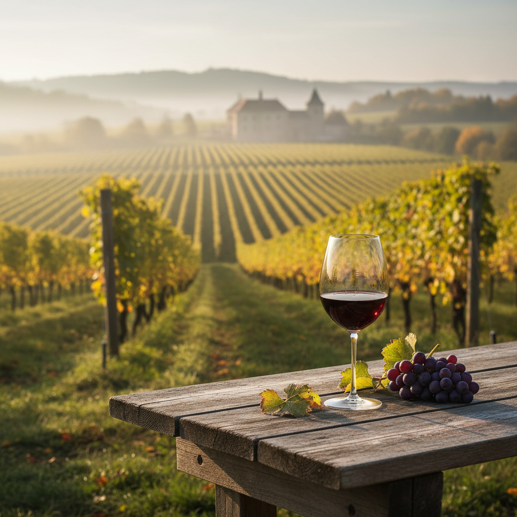 Taça de vinho branco em uma mesa rústica, com um vinhedo verdejante da Morávia, República Tcheca, ao fundo sob a luz da manhã.