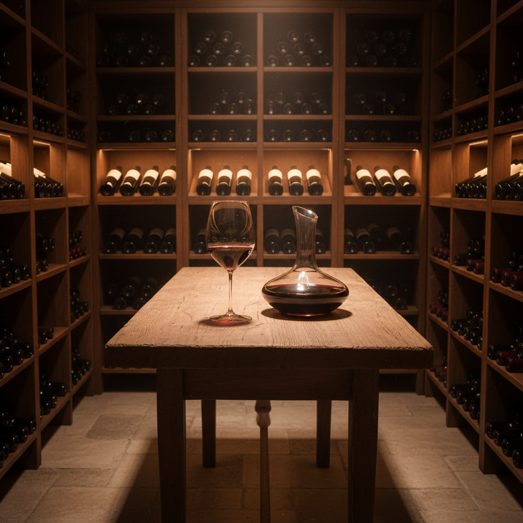 Adega escura com garrafas de vinho tinto em prateleiras de madeira, uma taça elegante e decanter sobre uma mesa rústica, simbolizando o cuidado no armazenamento e serviço do vinho.