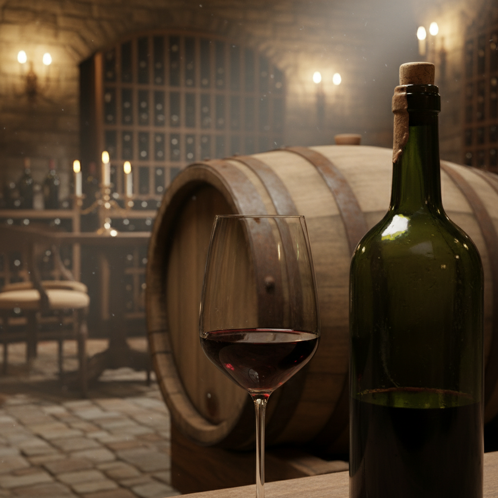 Taça de vinho tinto elegante e garrafa, com barris de carvalho ao fundo em uma adega rústica, simbolizando a arte da harmonização.