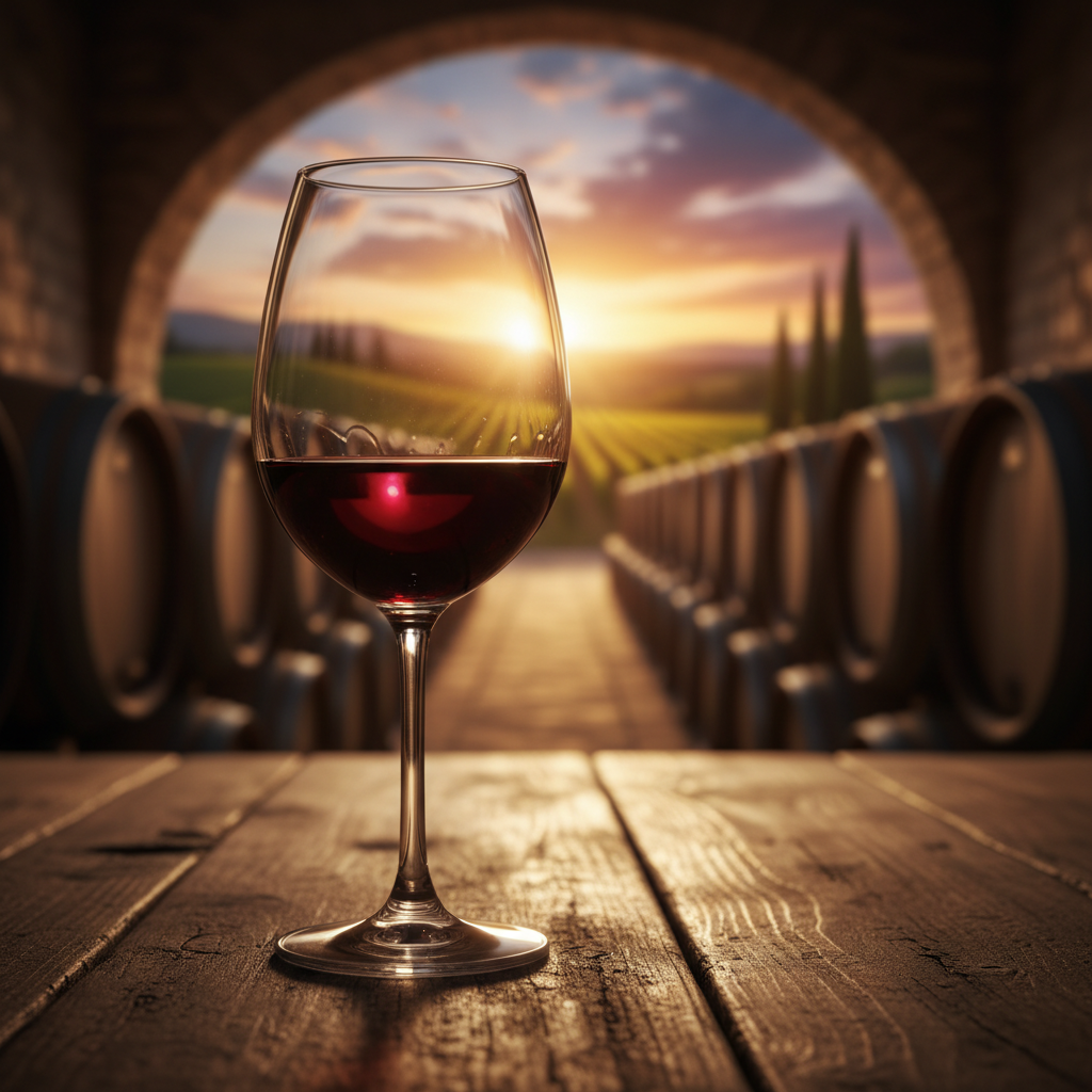 Uma taça elegante de vinho tinto sobre uma mesa rústica de madeira, com um fundo desfocado de uma adega tradicional ou um vinhedo ao entardecer.