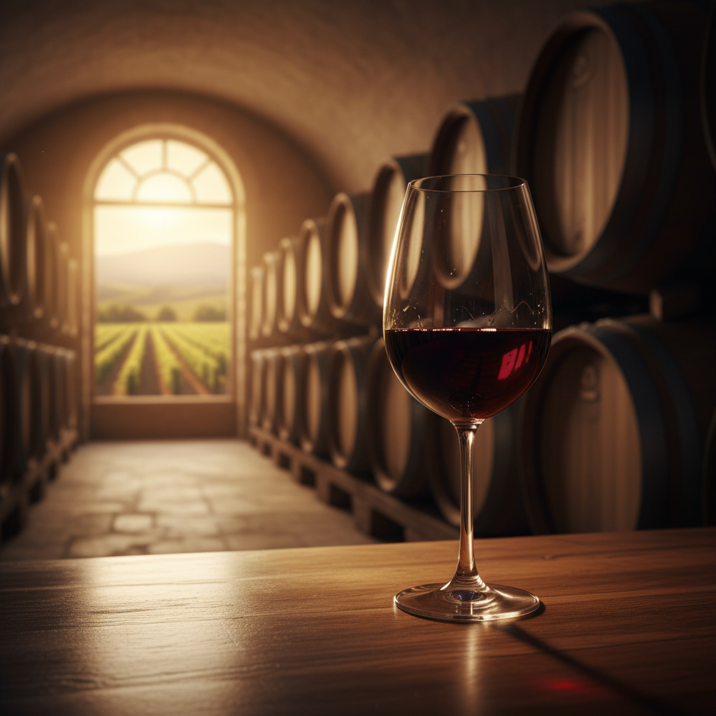 Taça de vinho tinto em ambiente de adega com barris de carvalho e vinhedo em segundo plano.
