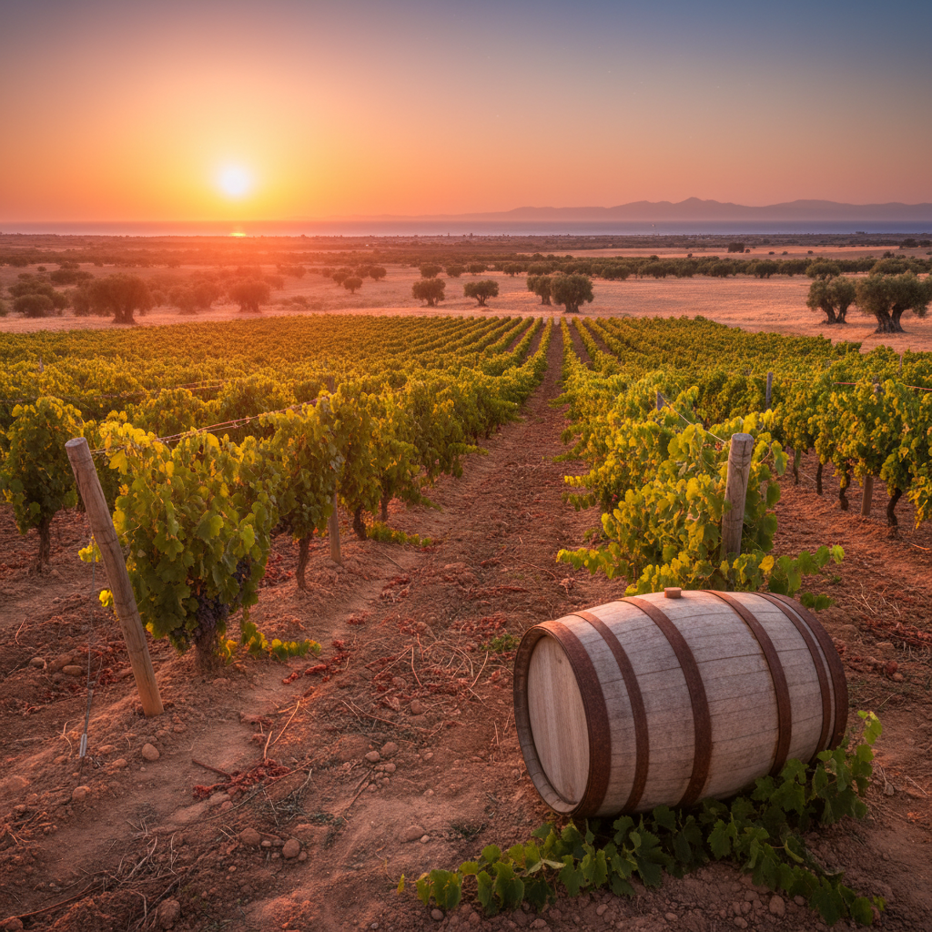 Vinhedo tunisiano sob o sol mediterrâneo com paisagem desértica, oliveiras e barril de vinho.