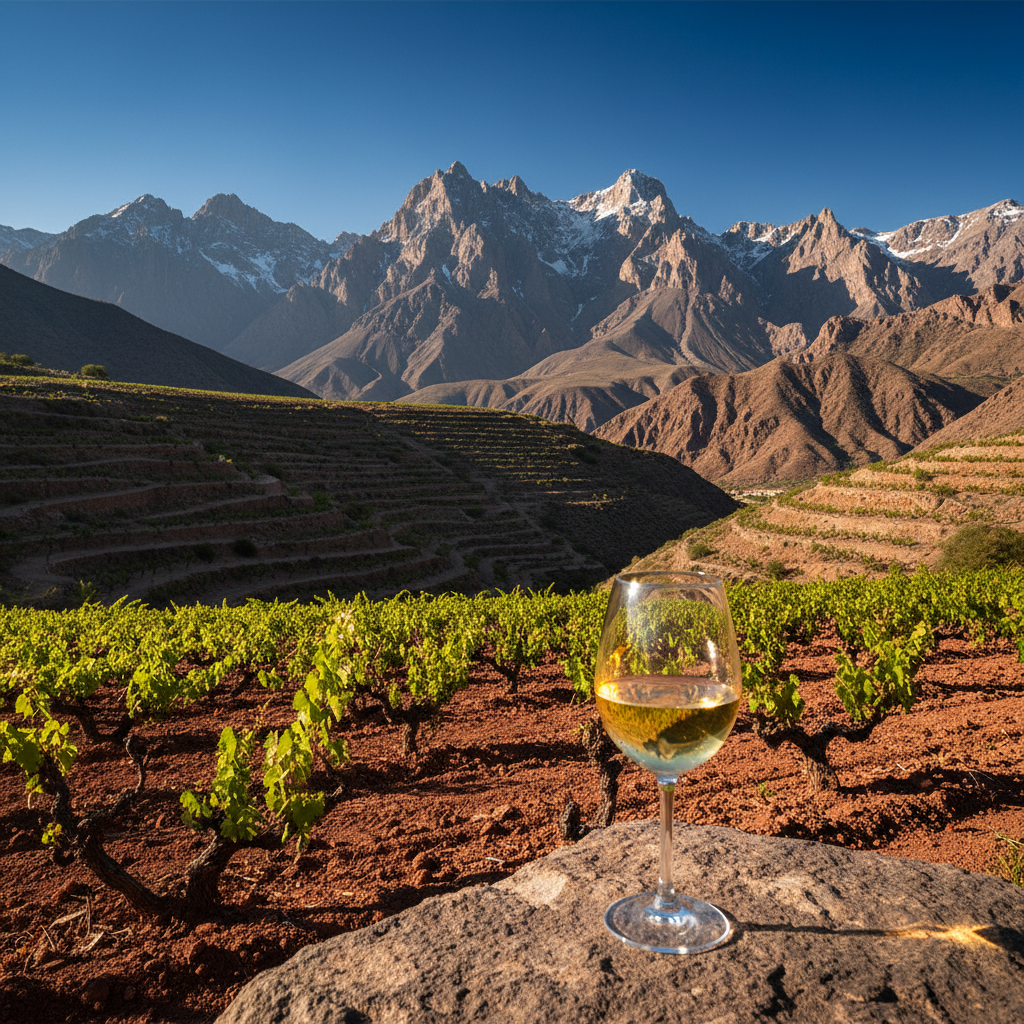 Taça de vinho Torrontés de Salta com vinhedos de altitude e montanhas majestosas ao fundo, sob céu azul.