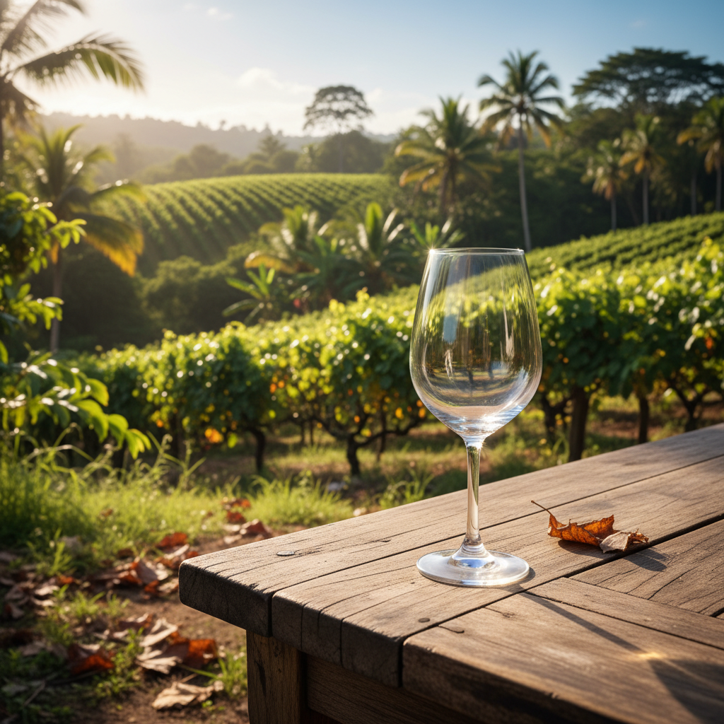 Vinhedo tropical exuberante sob o sol, com um copo de vinho em primeiro plano, simbolizando a viticultura em climas quentes no Equador e Panamá.