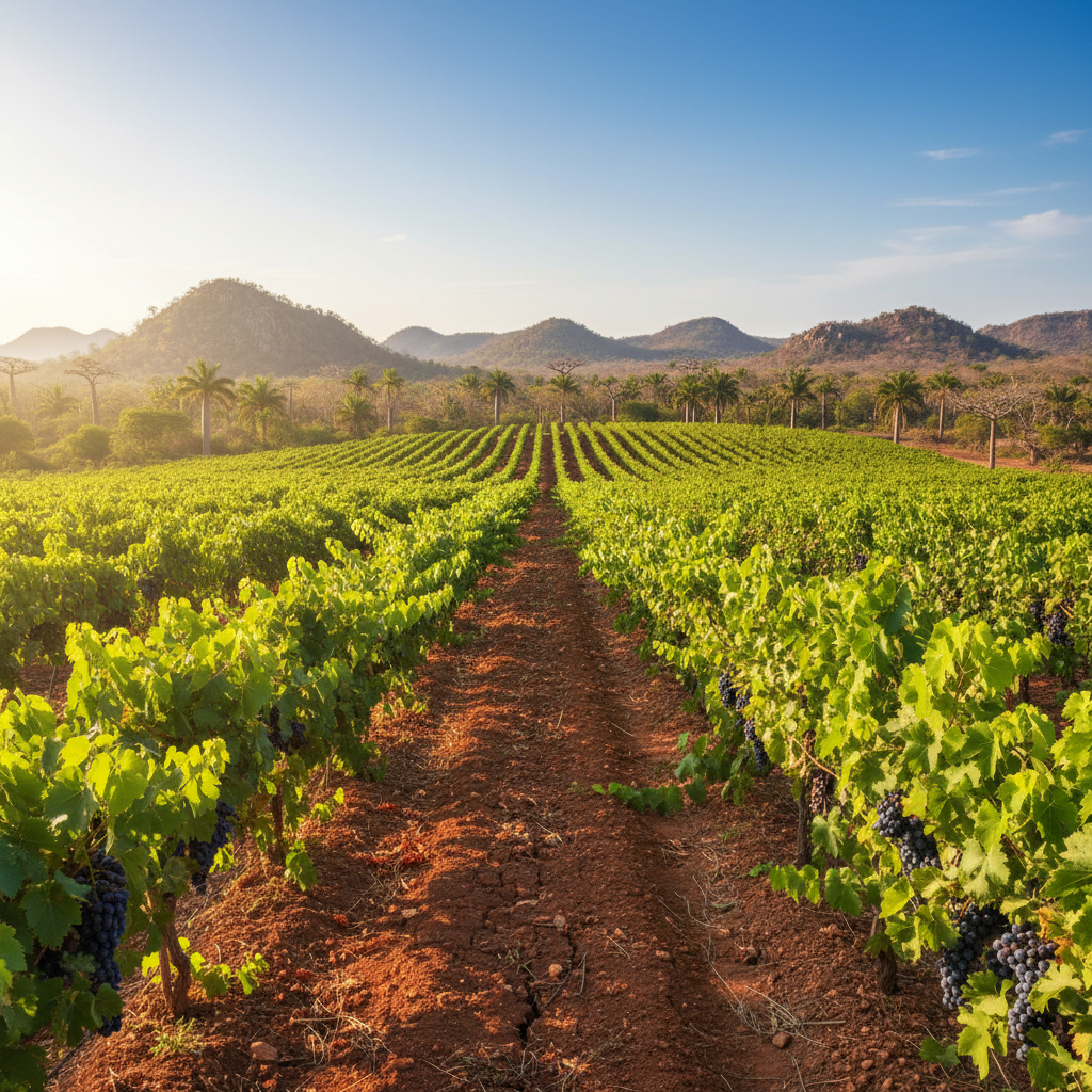 Vinhedo verdejante em Madagascar sob o sol tropical, mostrando a produção de vinho em um clima exótico.