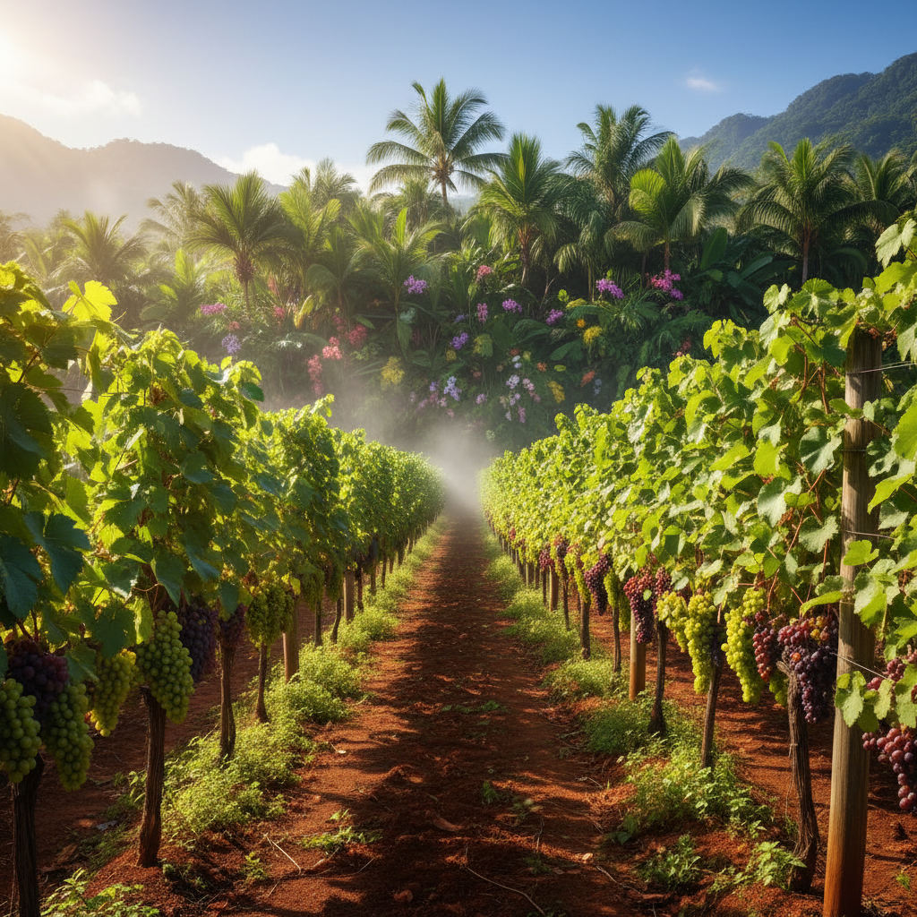 Vinhedo tropical exuberante na Nigéria, com parreiras verdes vibrantes em solo avermelhado sob um sol forte.