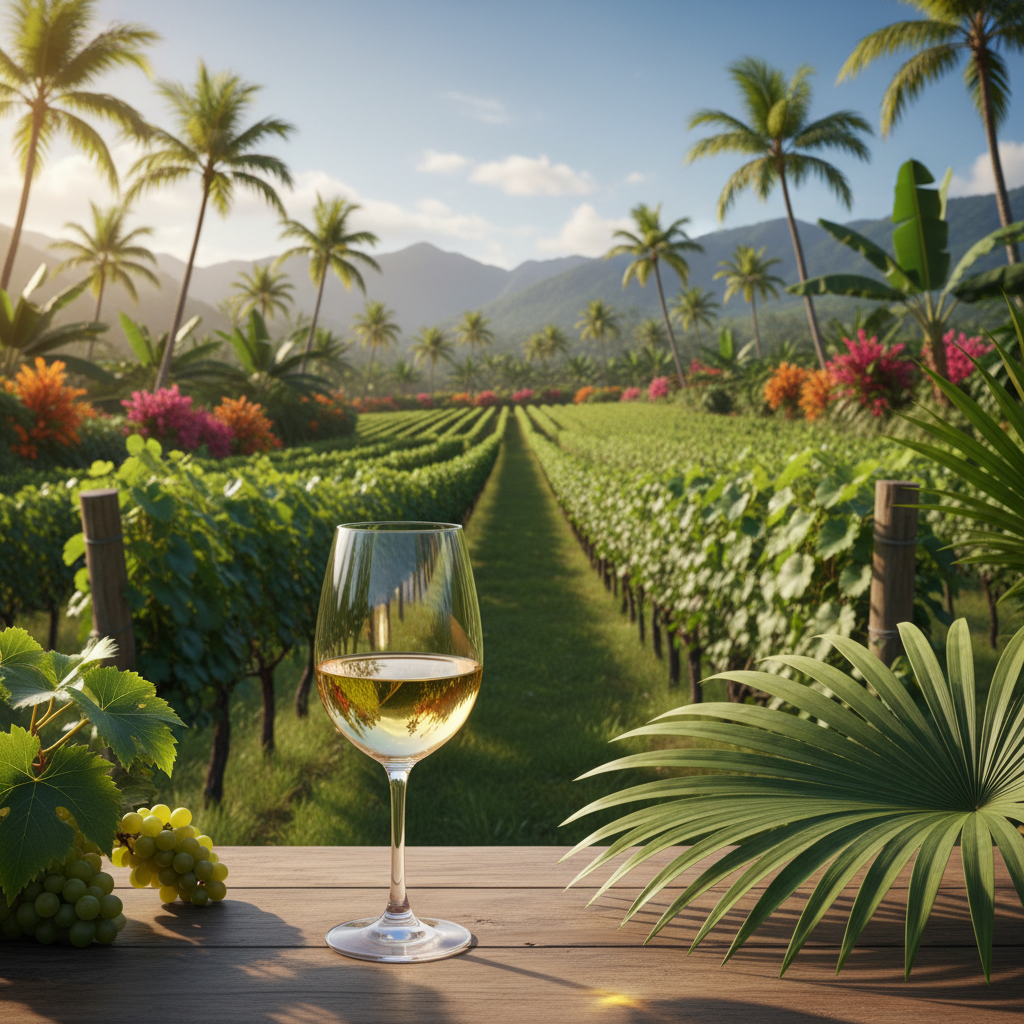 Vinhedo tropical ensolarado com um copo de vinho em primeiro plano, simbolizando a viticultura em climas quentes e exóticos.