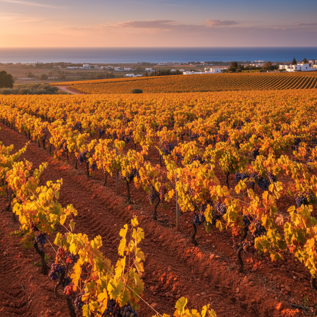 Vinhedo tunisiano ao pôr do sol com o mar Mediterrâneo ao fundo, destacando a beleza da região produtora de vinho.