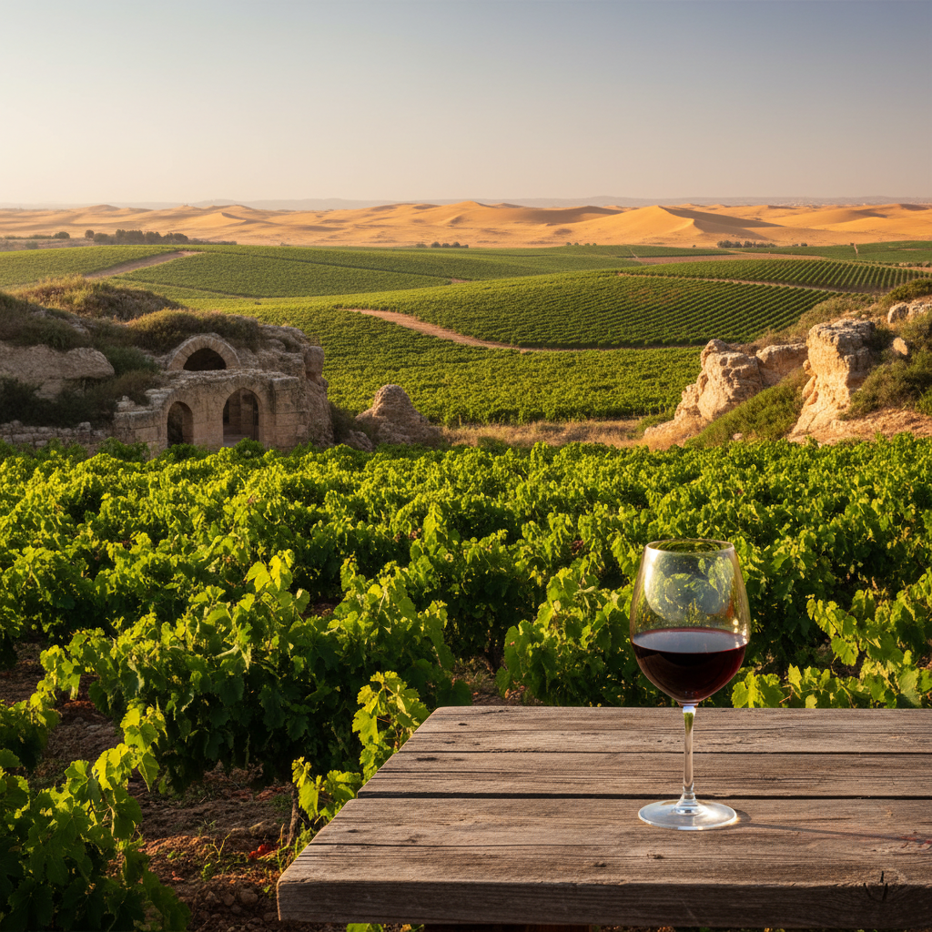 Vinhedo tunisino exuberante na fronteira com o deserto, com uma taça de vinho tinto em primeiro plano, simbolizando a fusão entre história e presente na produção de vinho.