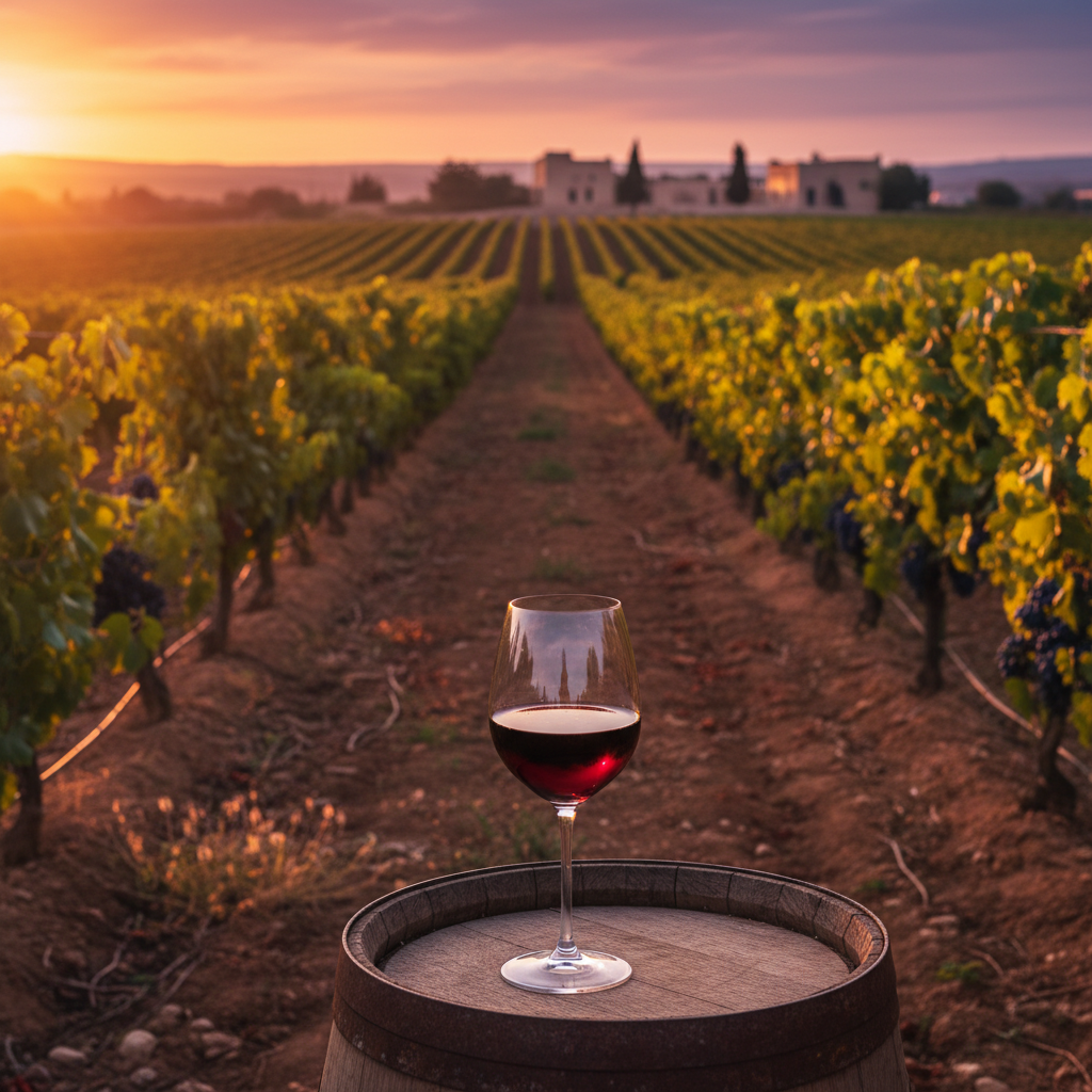 Vinhedo tunisiano ao pôr do sol com uma taça de vinho tinto em primeiro plano, simbolizando a qualidade crescente da viticultura na Tunísia.