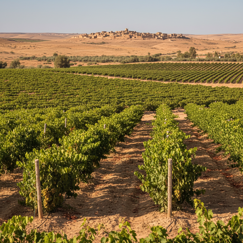 Vinhedo tunisiano sob o sol forte, com sistemas de irrigação modernos e vinhas saudáveis, simbolizando inovação e sustentabilidade.