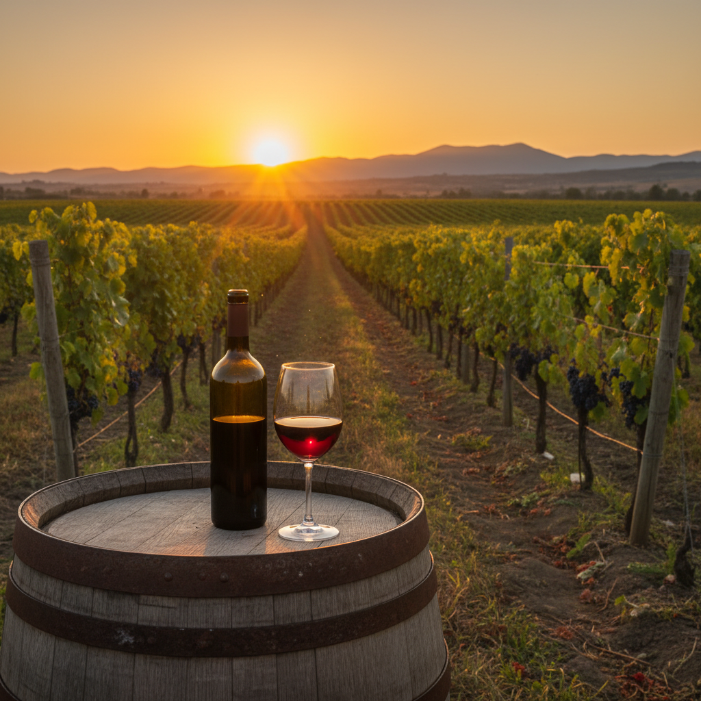 Vinhedo turco ao pôr do sol com uma taça de vinho tinto sobre um barril de madeira, simbolizando a riqueza e o potencial do vinho da Turquia.
