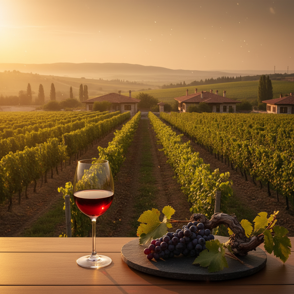 Vinhedo turco ao pôr do sol com taça de vinho tinto em primeiro plano, destacando a paisagem vinícola e a qualidade dos vinhos da Turquia.