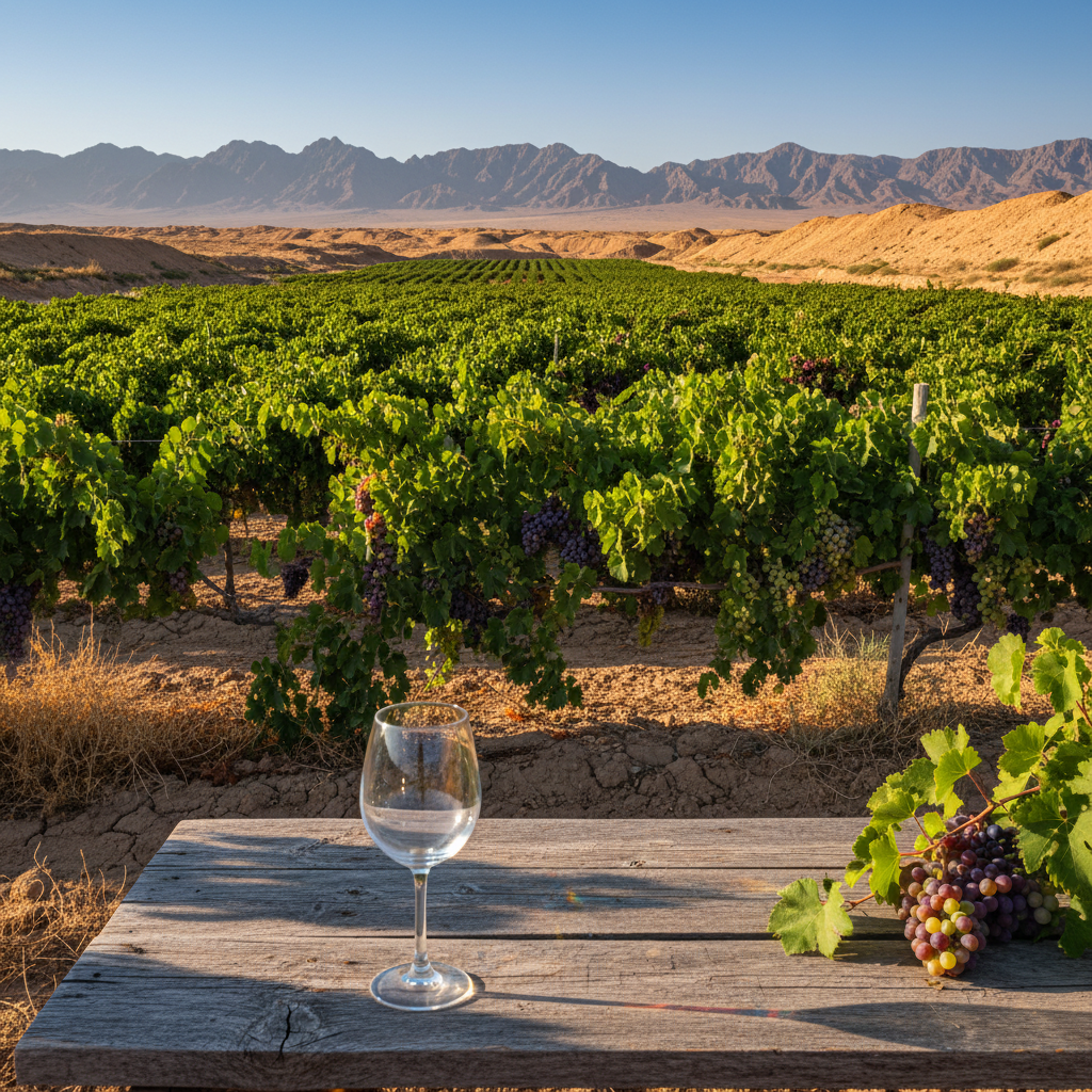 Vinhedo verdejante no Turcomenistão, contrastando com paisagem desértica e montanhas, com taça de vinho na mesa.